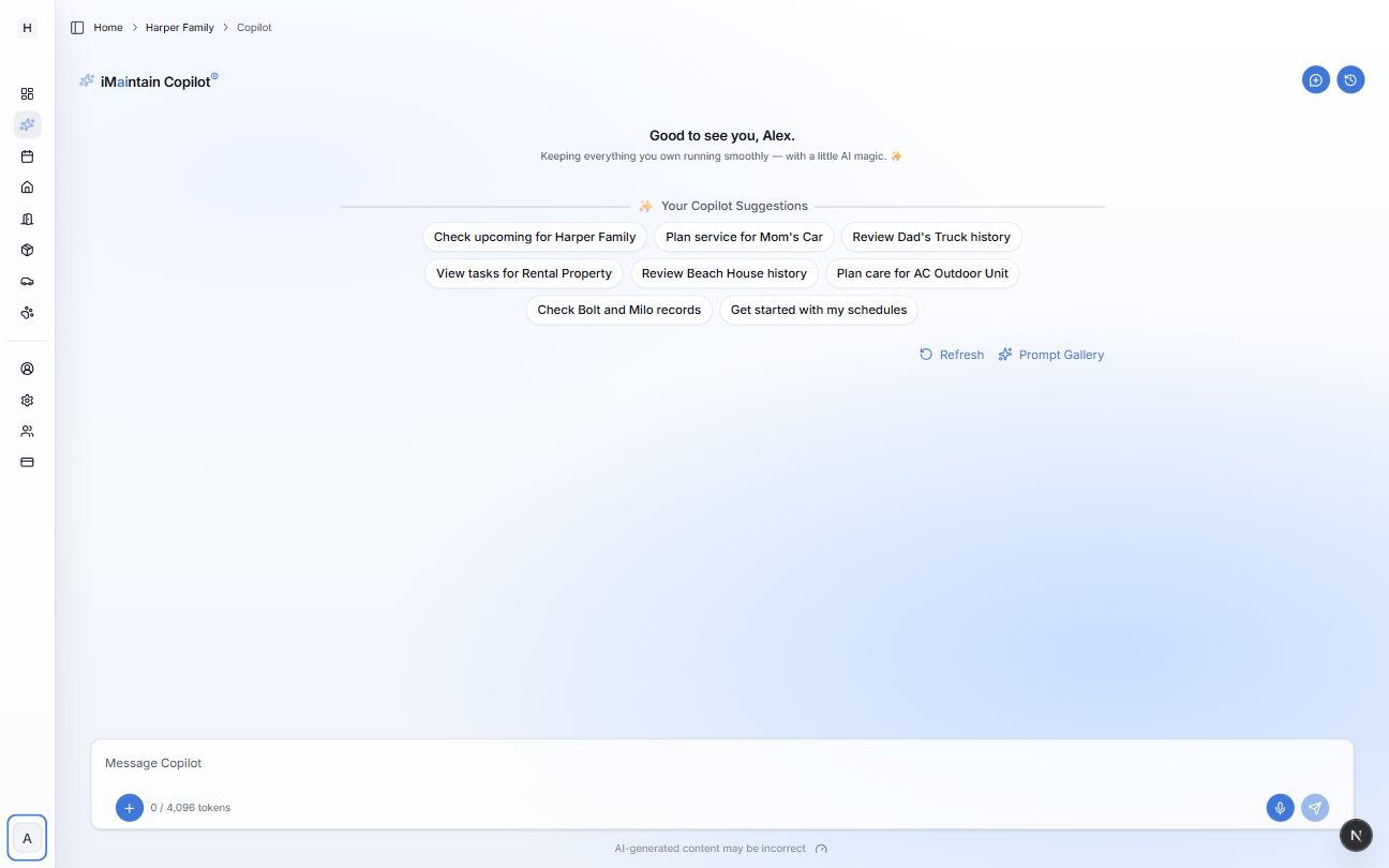 Copilot main page showing Your Copilot Suggestions prompt chips plus Refresh and Prompt Gallery links