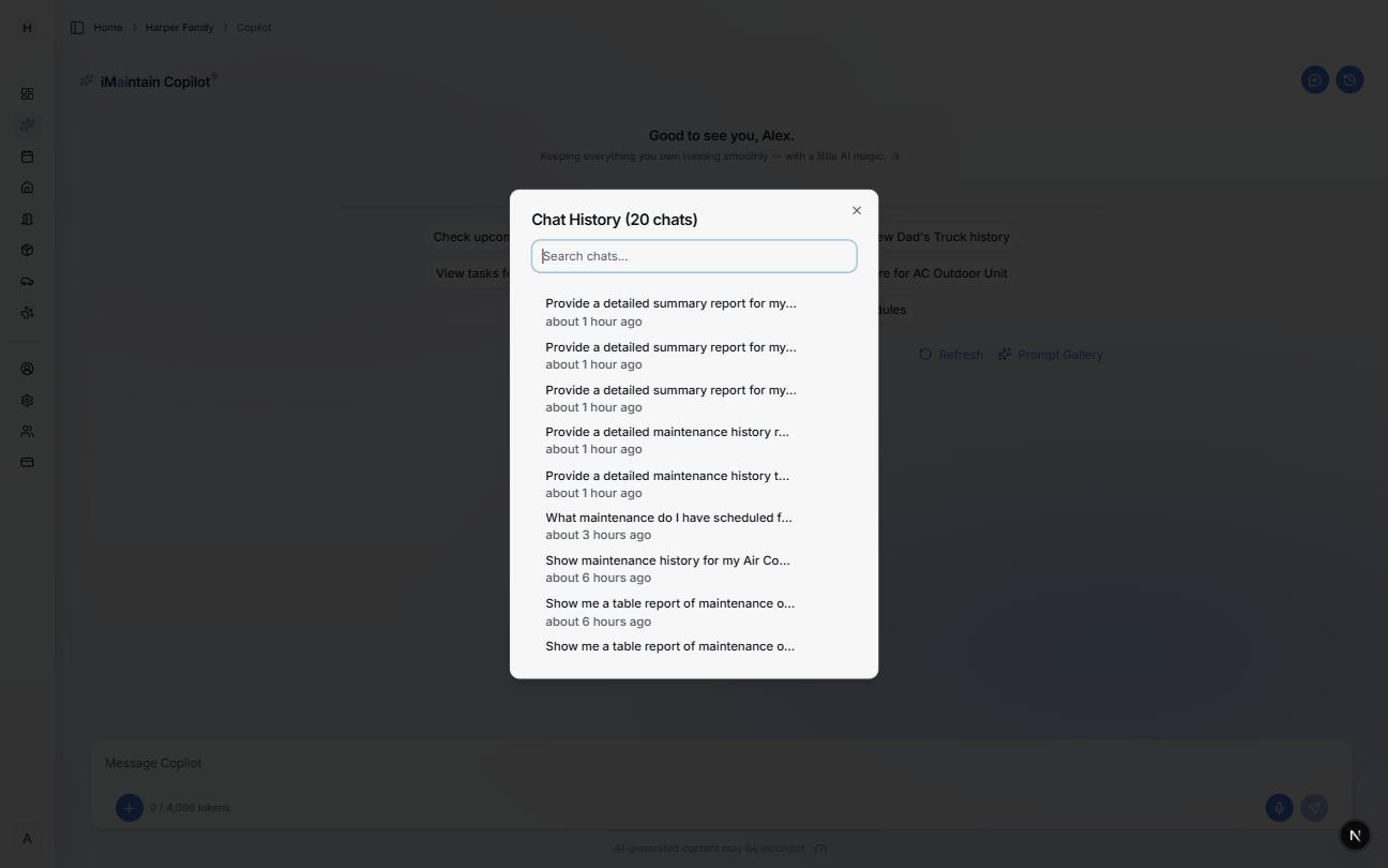 Chat History modal in Copilot showing a search field and a list of previous chats