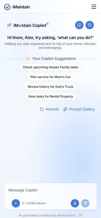 Copilot mobile view showing Your Copilot Suggestions and the message composer with voice input controls