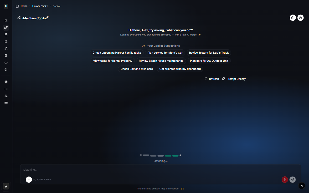 Copilot page showing voice listening mode enabled with a Listening indicator