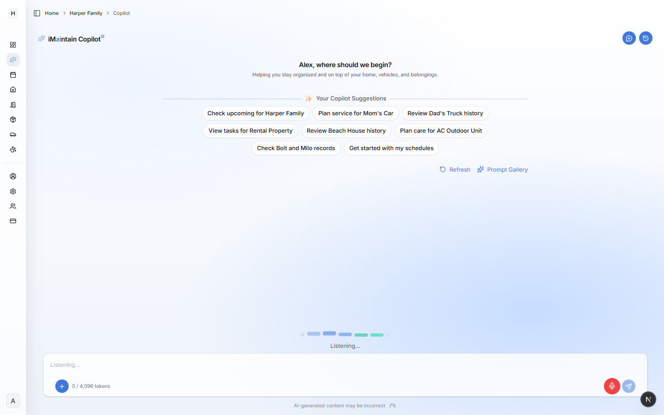 Copilot page showing voice listening mode enabled with a Listening indicator
