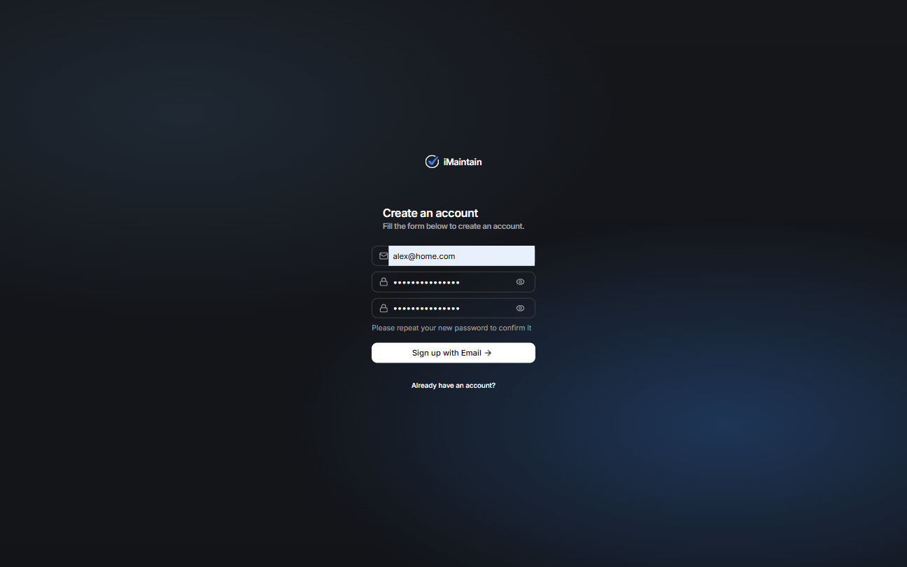 Create an account form with email and password fields and a Sign up with Email button
