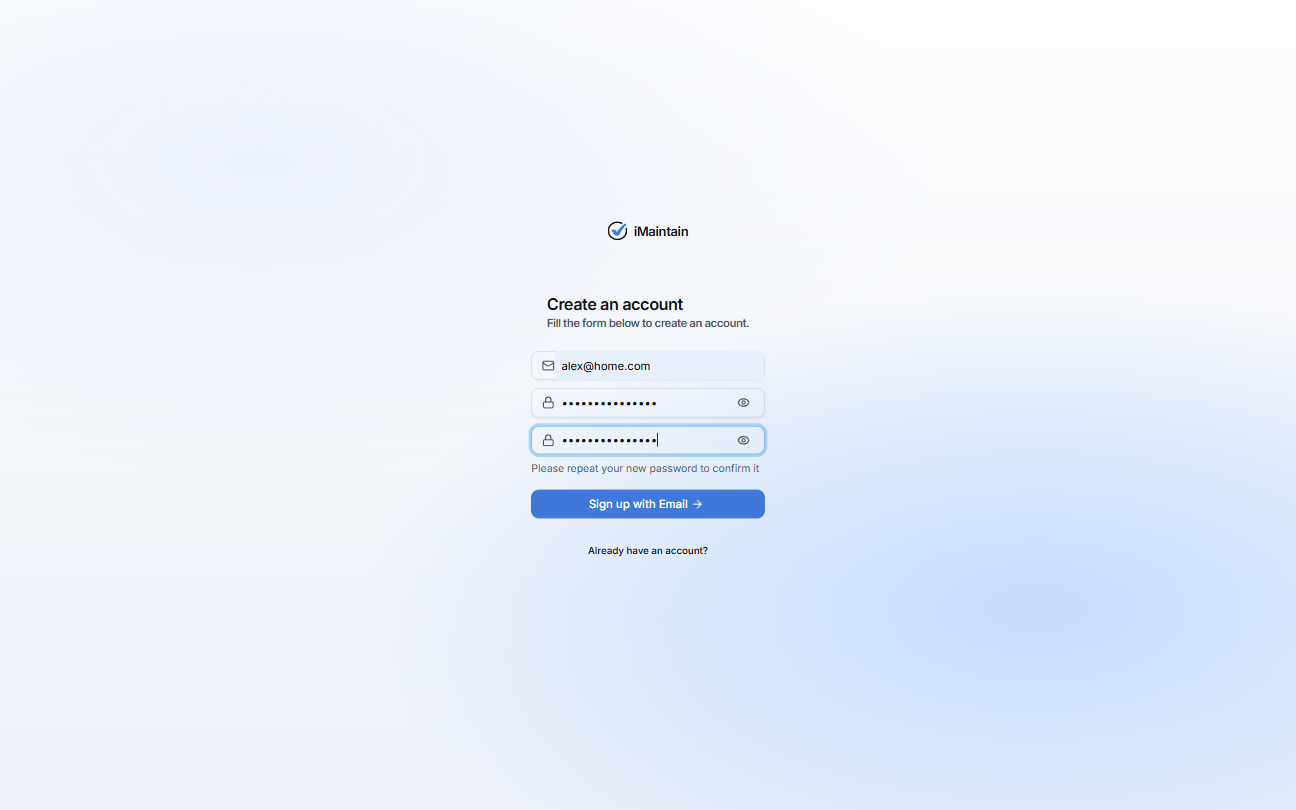 Create an account form with email and password fields and a Sign up with Email button