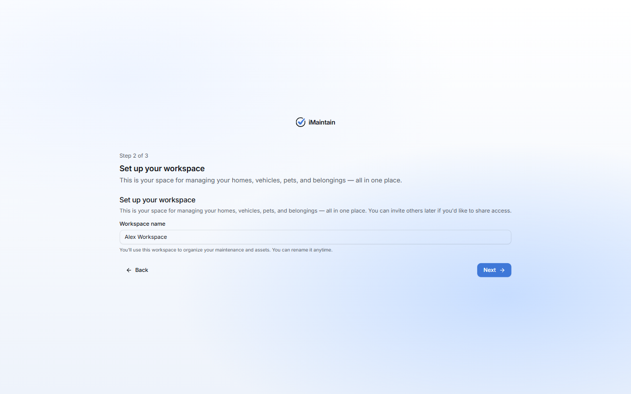 Set up your workspace screen (Step 2 of 3) showing a workspace name field and a Next button