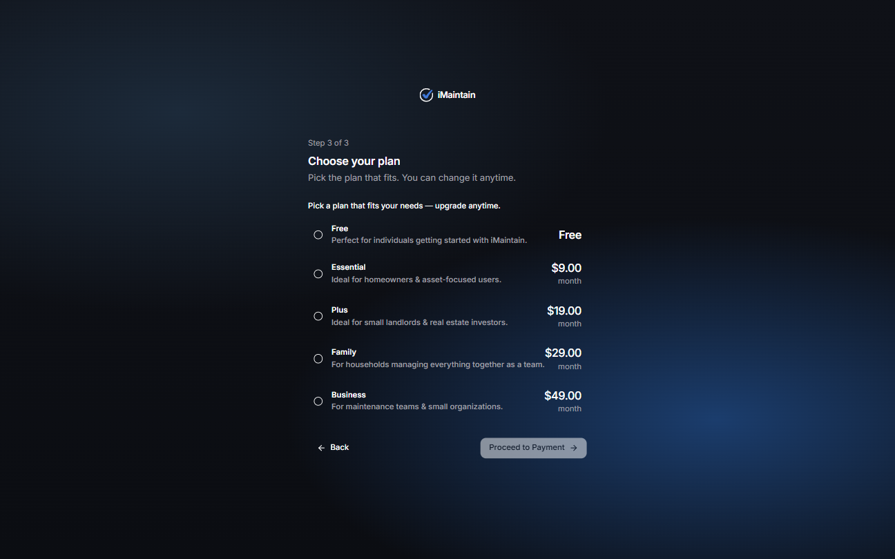 Choose your plan screen (Step 3 of 3) showing Free and paid plans with a Proceed to Payment button