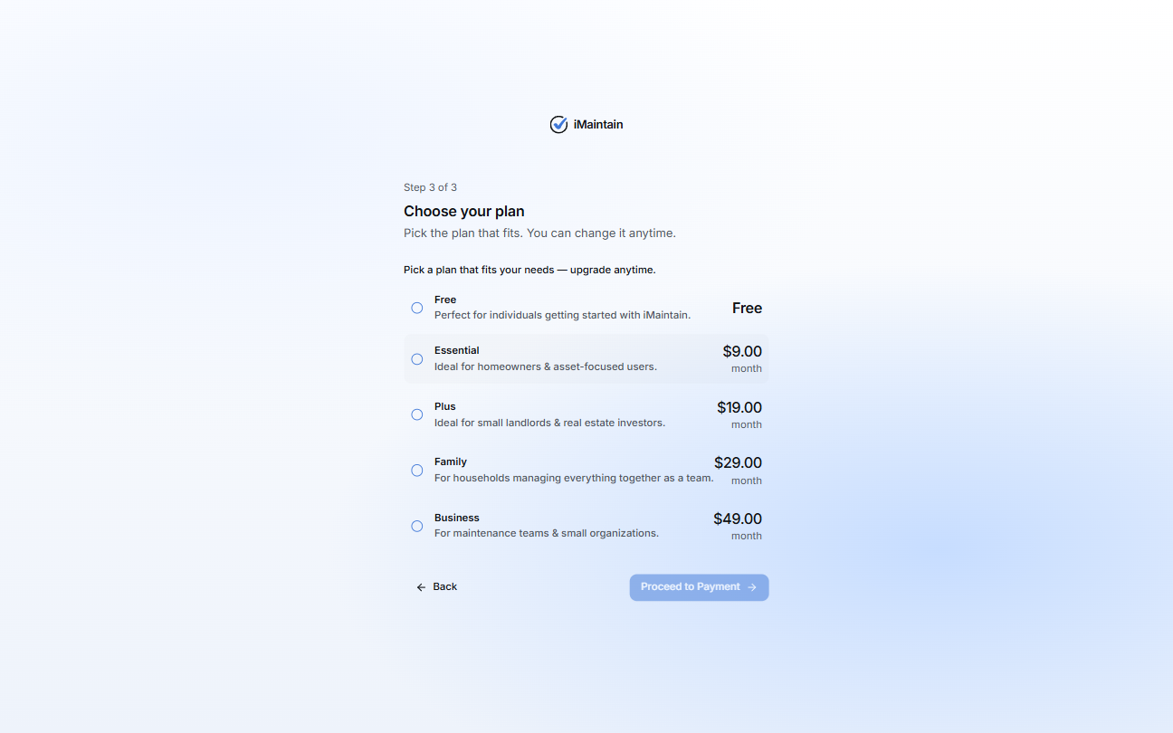 Choose your plan screen (Step 3 of 3) showing Free and paid plans with a Proceed to Payment button