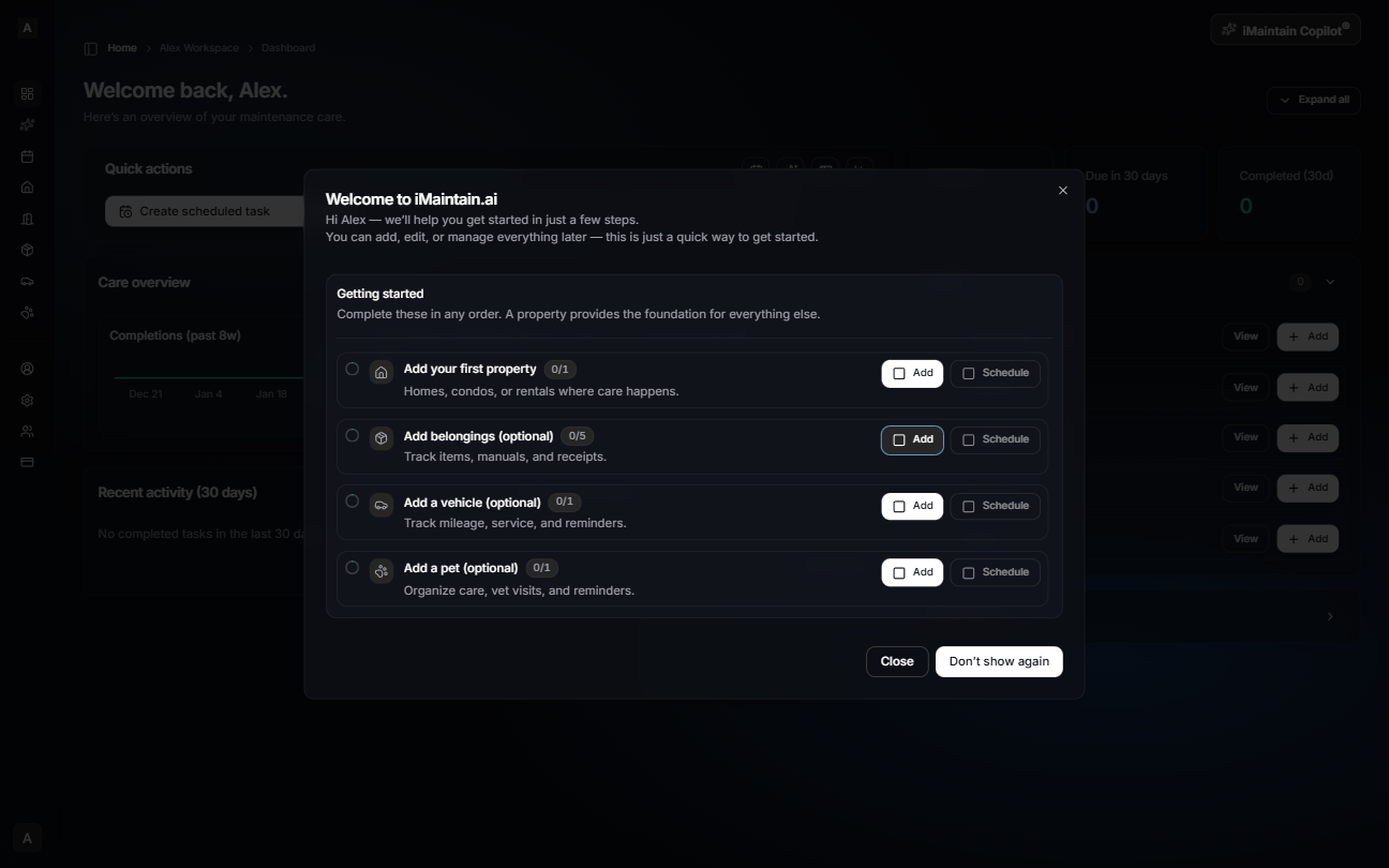 Welcome modal on the dashboard showing a getting started checklist with tasks like Add your first property and Add belongings, with Add and Schedule buttons