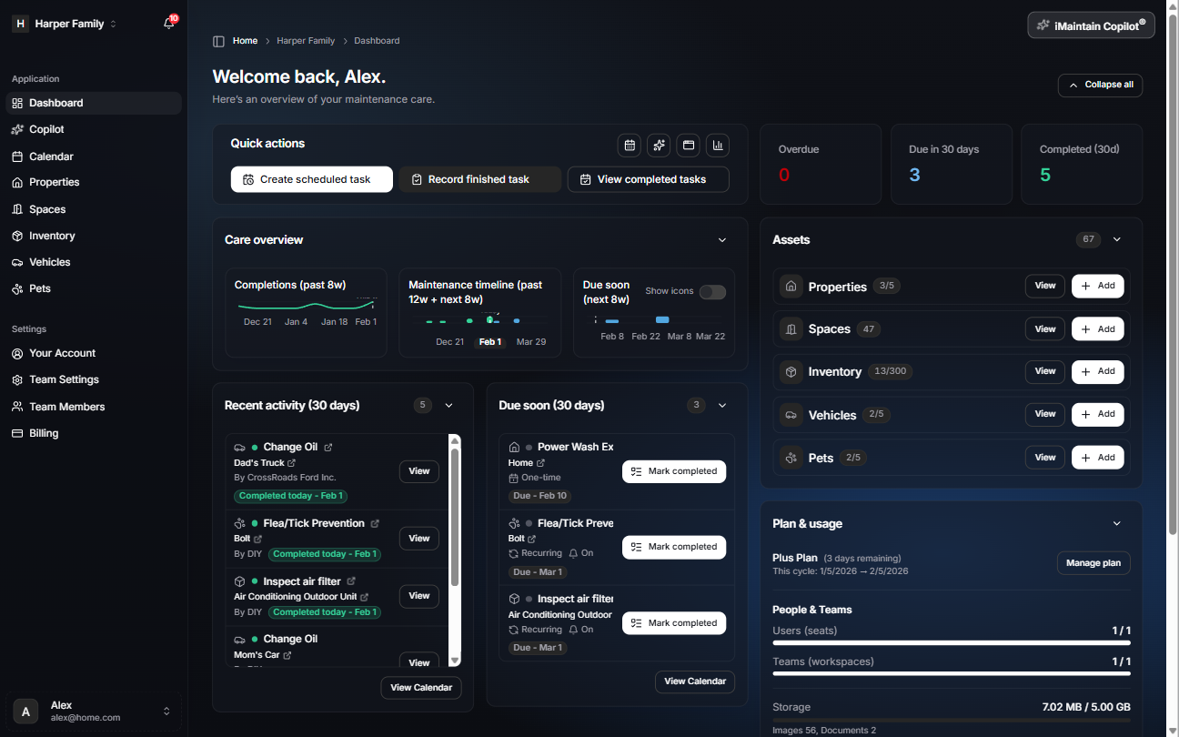 Desktop dashboard showing the left navigation (Dashboard, Copilot, Calendar, Properties, Spaces, Inventory, Vehicles, Pets) and an Assets panel with View and Add actions