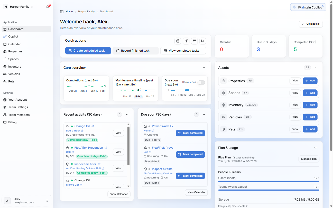 Desktop dashboard showing the left navigation (Dashboard, Copilot, Calendar, Properties, Spaces, Inventory, Vehicles, Pets) and an Assets panel with View and Add actions