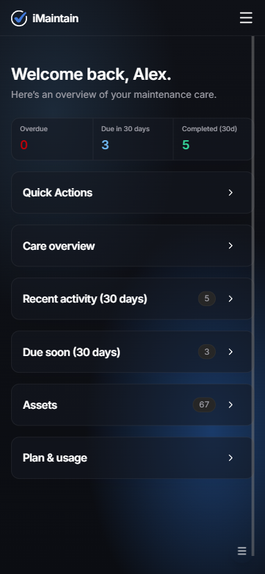 Mobile dashboard showing a top bar with a menu button in the top-right and dashboard sections like Quick Actions, Care overview, Recent activity, Due soon, Assets, and Plan and usage