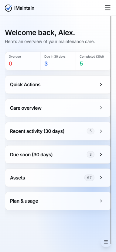 Mobile dashboard showing a top bar with a menu button in the top-right and dashboard sections like Quick Actions, Care overview, Recent activity, Due soon, Assets, and Plan and usage
