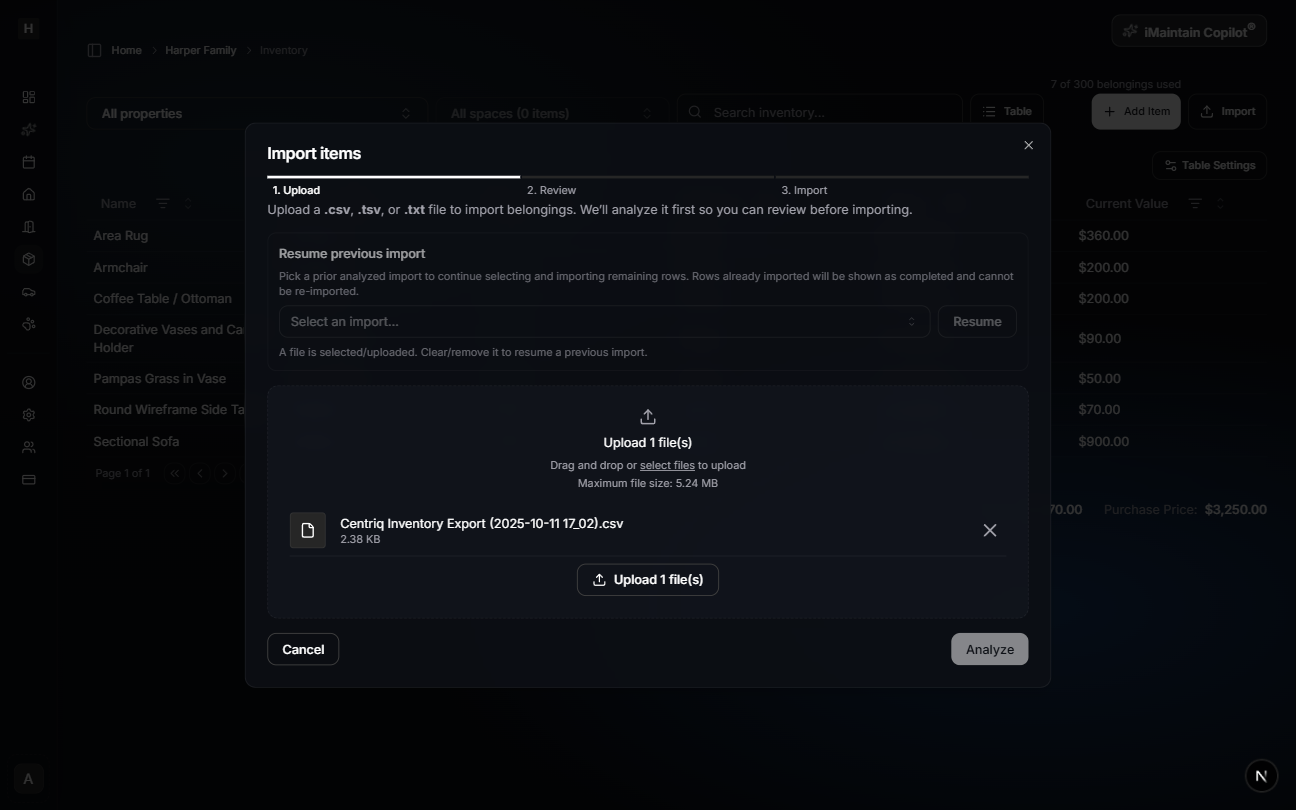 Import dialog Step 1 showing file upload area and Analyze button