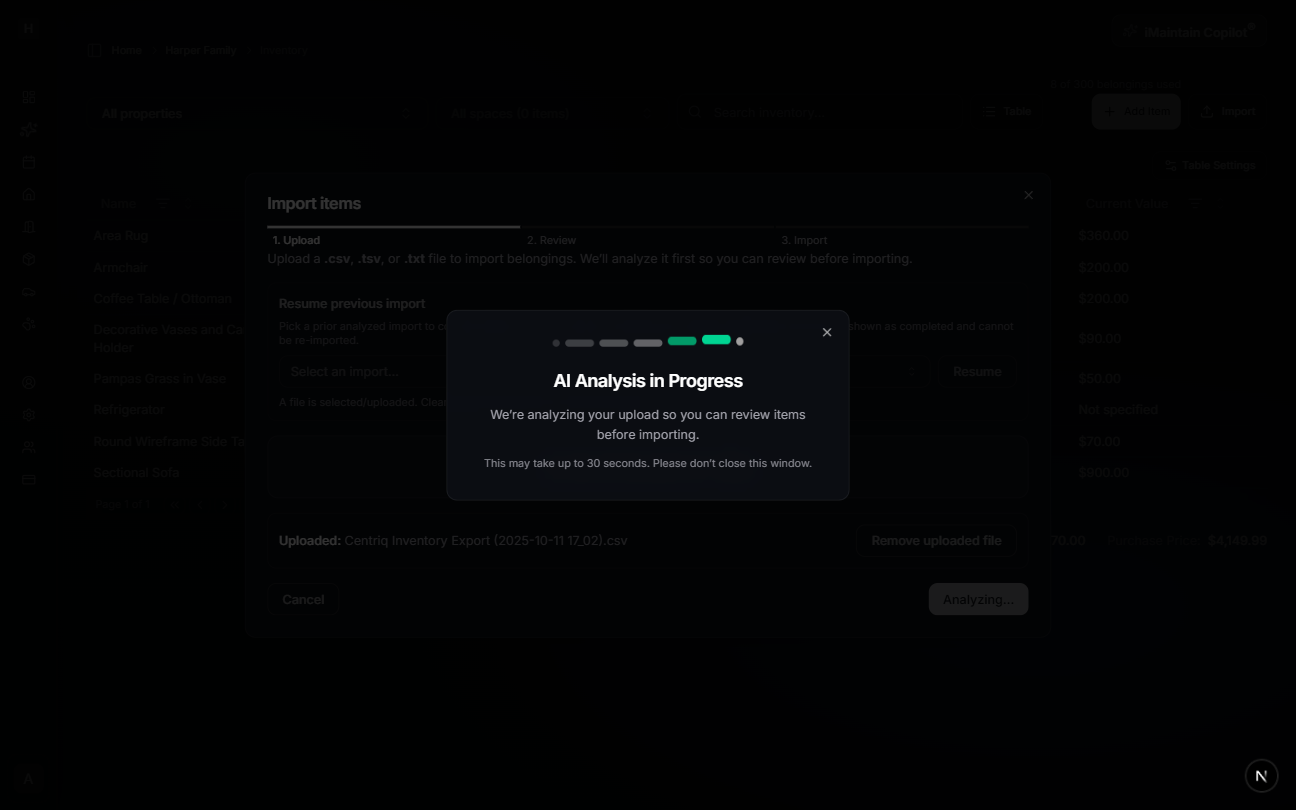 AI analysis in progress dialog