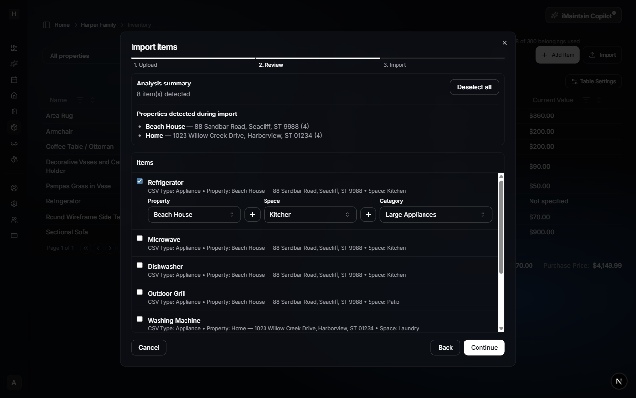 Import dialog Step 2 showing selected item with property, space, and category selectors