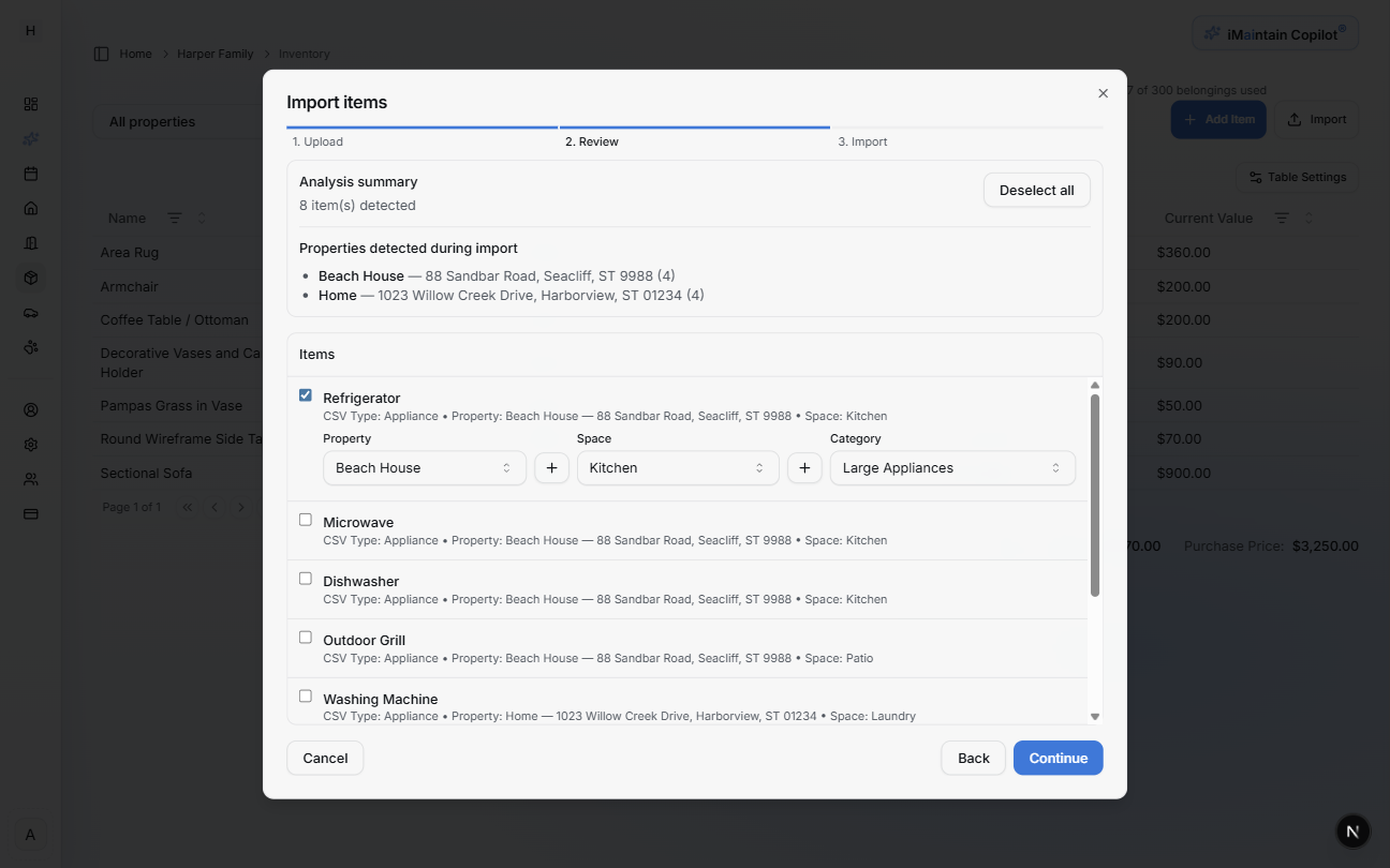 Import dialog Step 2 showing selected item with property, space, and category selectors