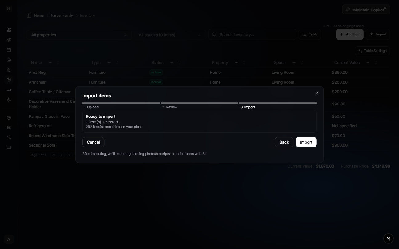 Import dialog Step 3 showing import confirmation and Import button