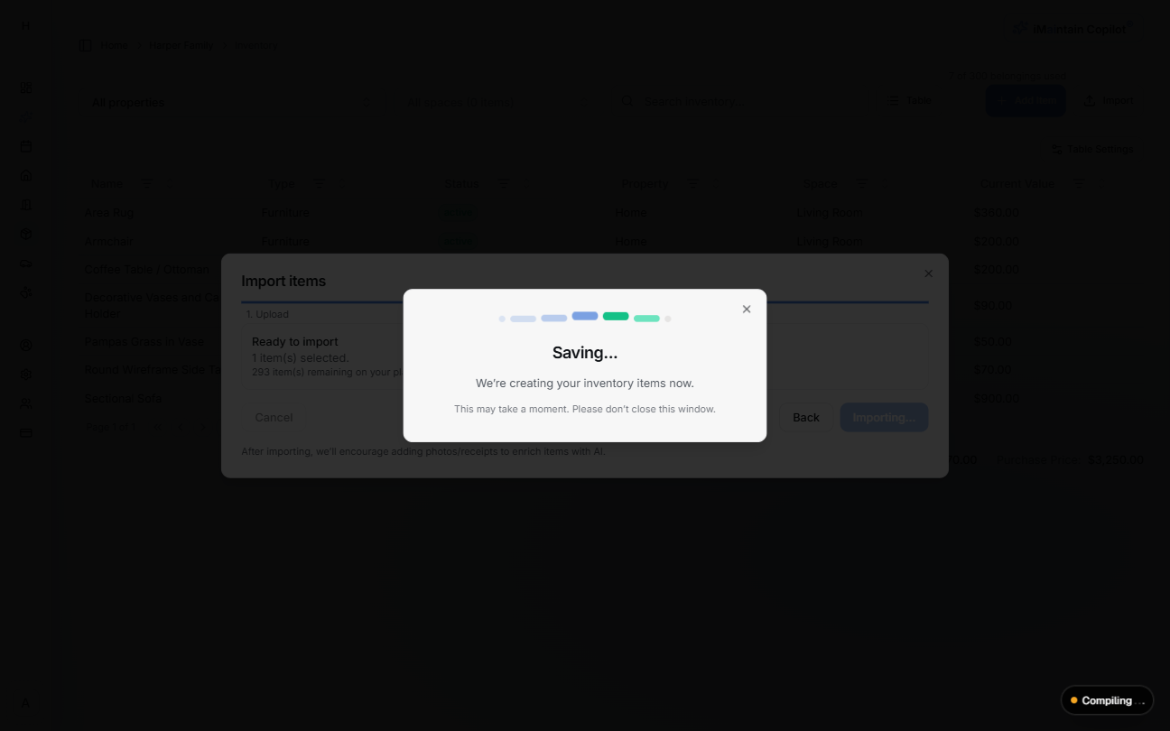 Saving dialog during import