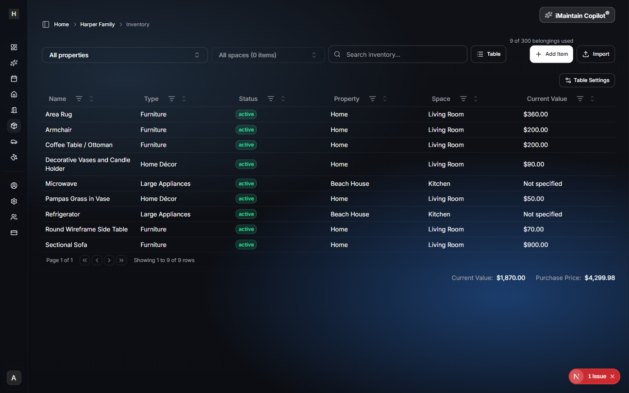 Inventory list showing imported item