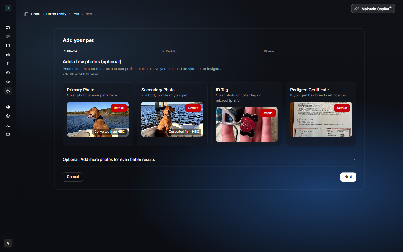 Add your pet wizard Step 1 Photos showing uploads for primary photo, secondary photo, ID tag, and pedigree certificate