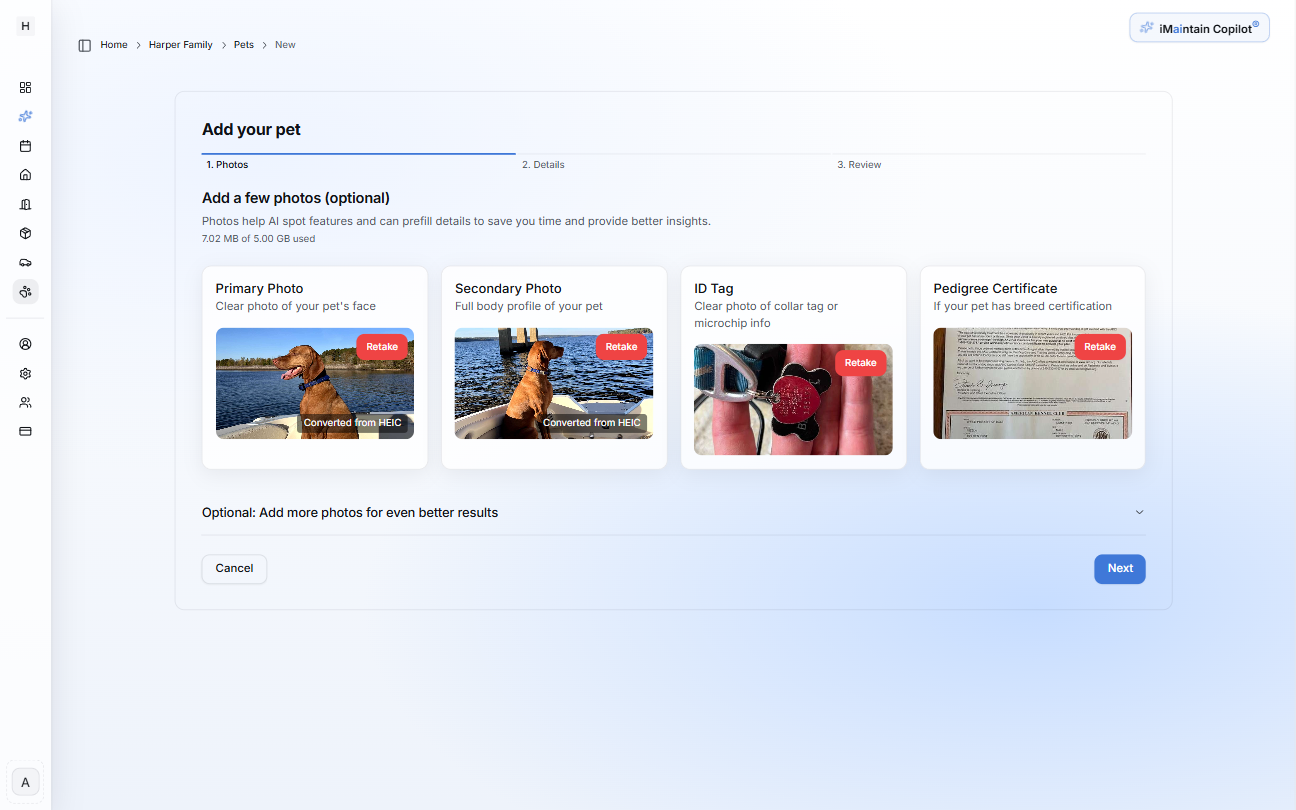 Add your pet wizard Step 1 Photos showing uploads for primary photo, secondary photo, ID tag, and pedigree certificate