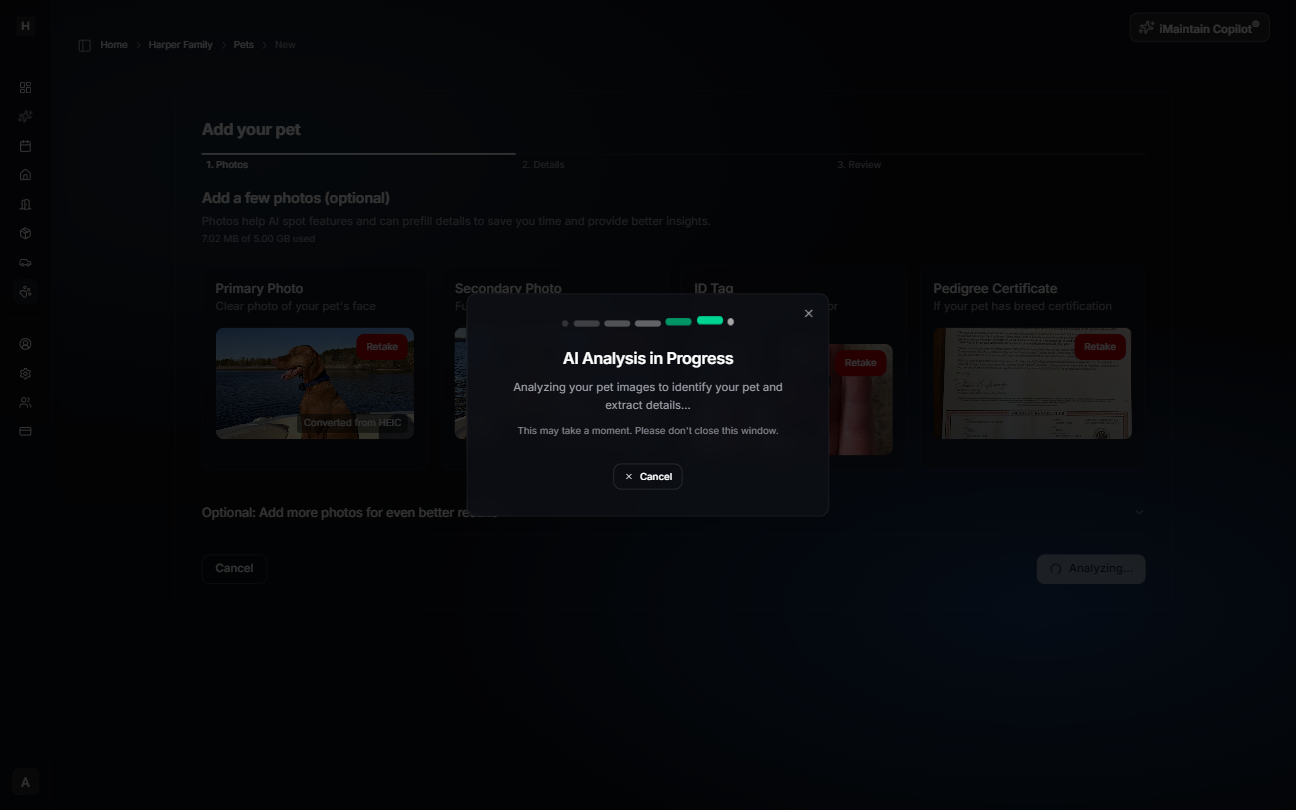 AI analysis in progress dialog shown during pet photo analysis