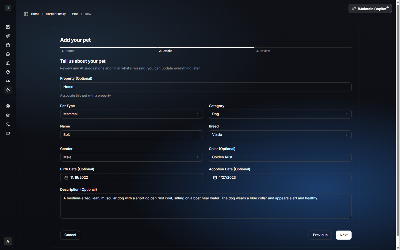 Add your pet wizard Step 2 Details showing optional property selection and fields for pet type, category, name, breed, gender, color, dates, and description