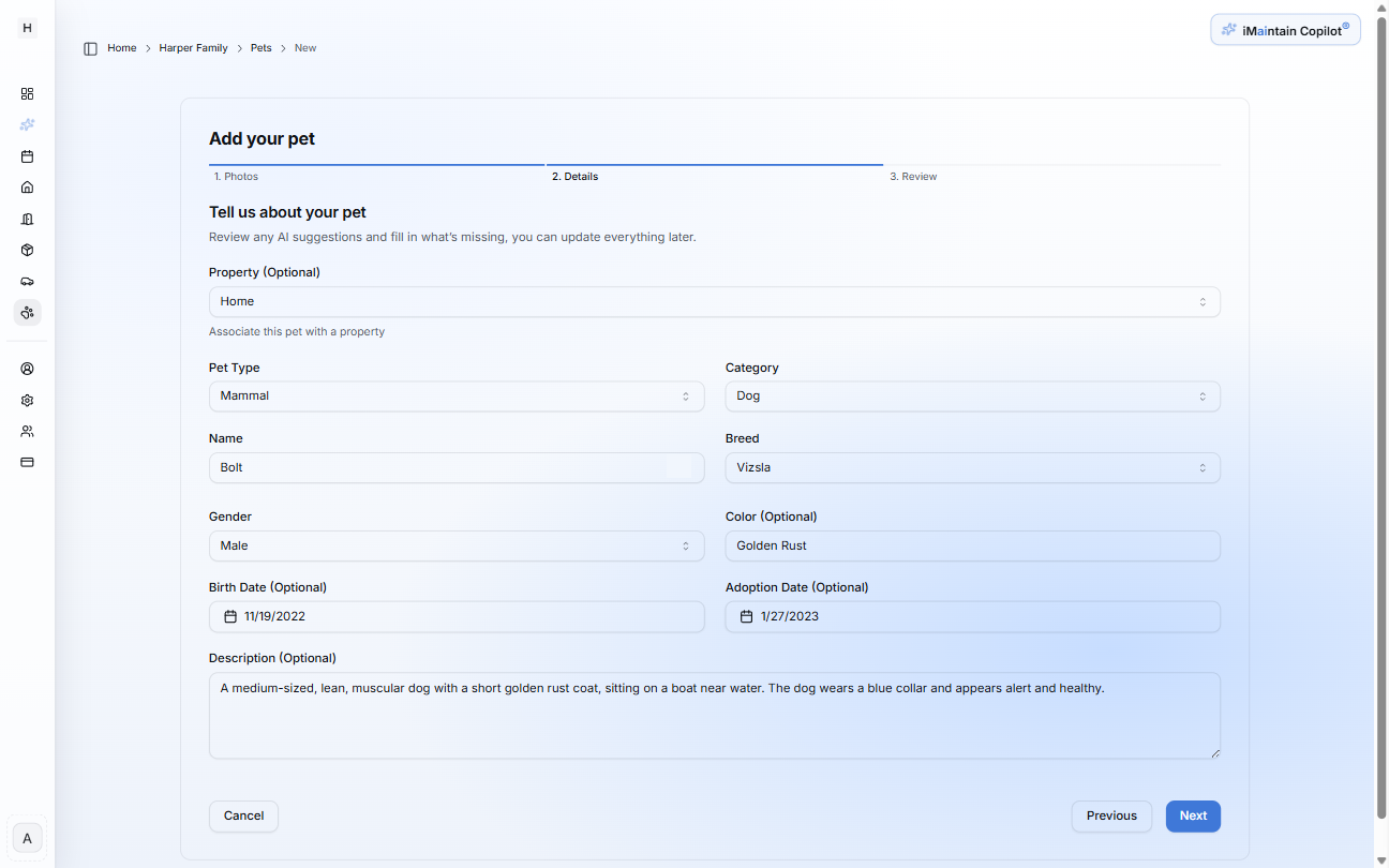 Add your pet wizard Step 2 Details showing optional property selection and fields for pet type, category, name, breed, gender, color, dates, and description