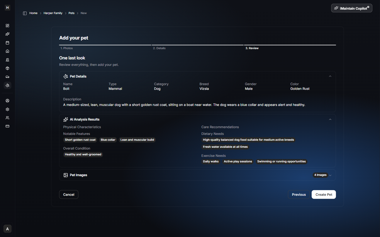 Add your pet wizard Step 3 Review showing pet details, AI analysis results, and pet images with a Create Pet button