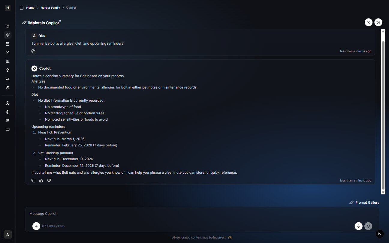 iMaintain Copilot chat showing a request to summarize a pet's allergies, diet, and upcoming reminders and a response listing those details and reminders