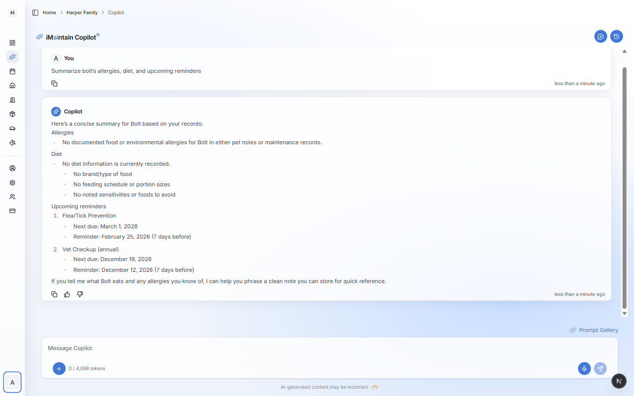 iMaintain Copilot chat showing a request to summarize a pet's allergies, diet, and upcoming reminders and a response listing those details and reminders