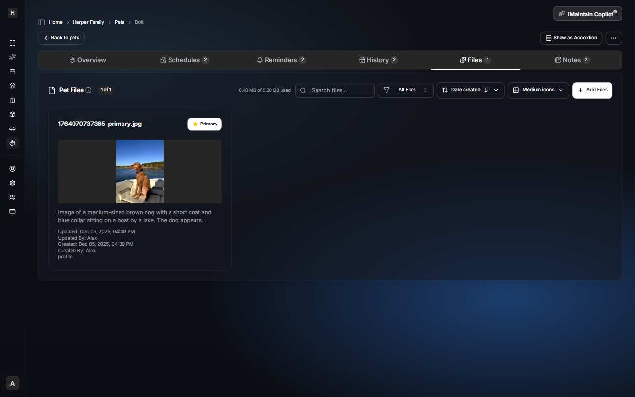 Pet details page on the Files tab showing an uploaded pet photo with search, filters, sort controls, and an Add Files button