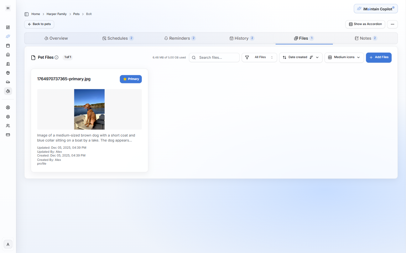 Pet details page on the Files tab showing an uploaded pet photo with search, filters, sort controls, and an Add Files button