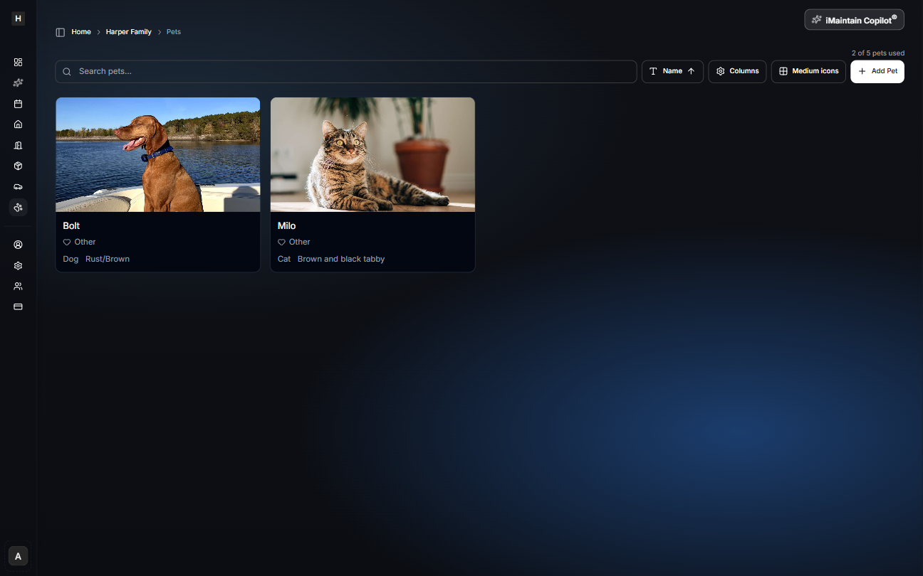 Pets card view showing pet cards with photos, names, and categories with an Add Pet button