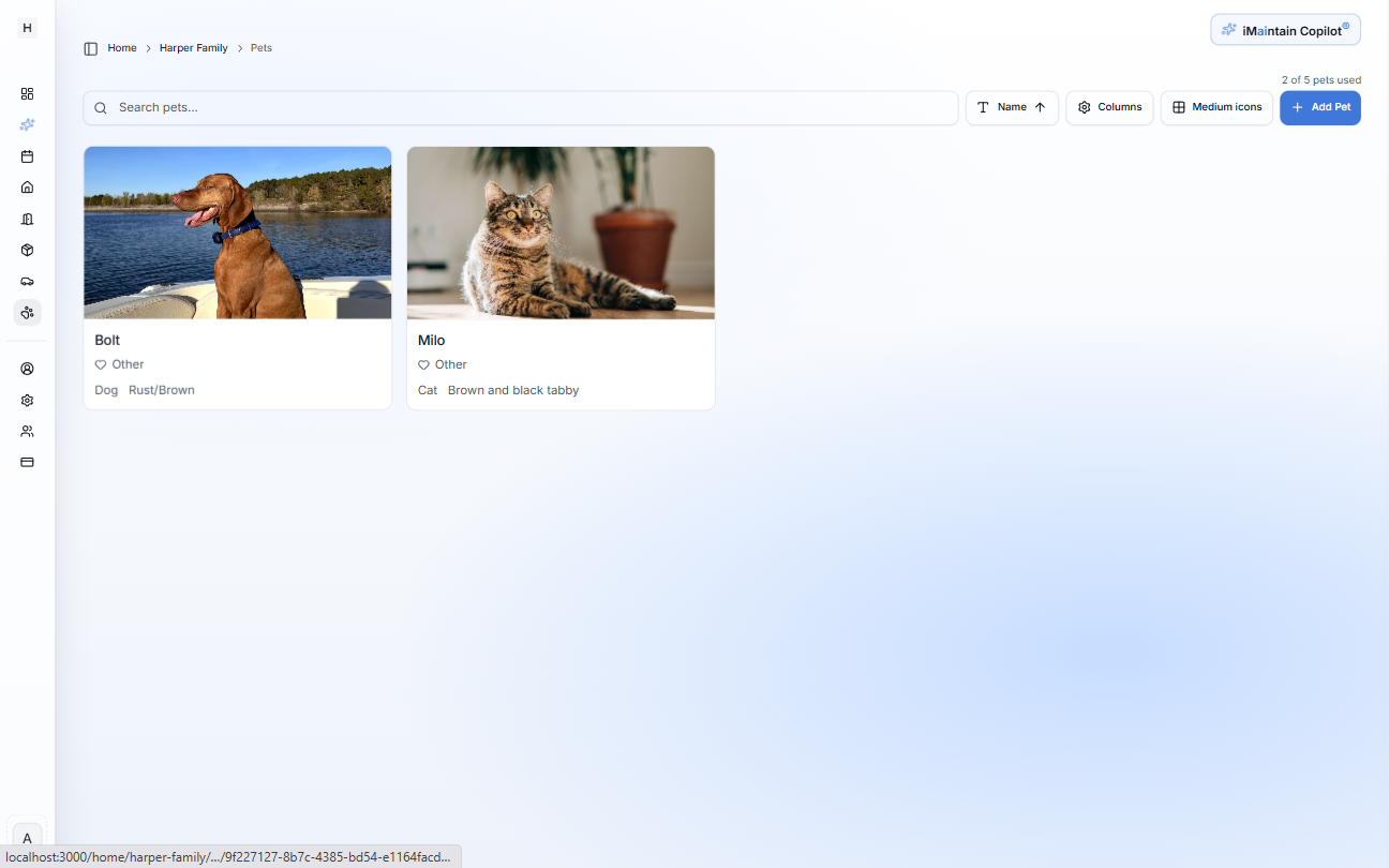 Pets card view showing pet cards with photos, names, and categories with an Add Pet button