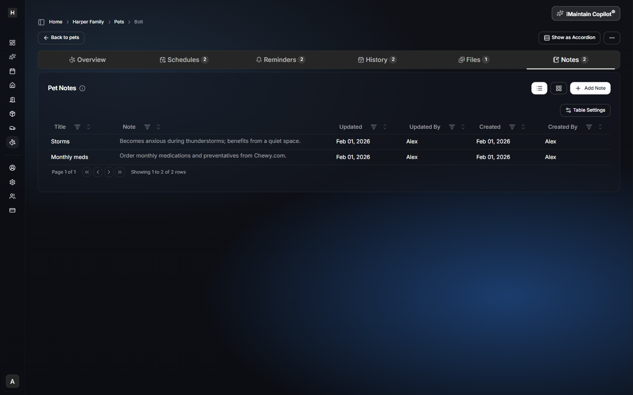 Pet details page on the Notes tab showing a notes table with titles and note text plus an Add Note button