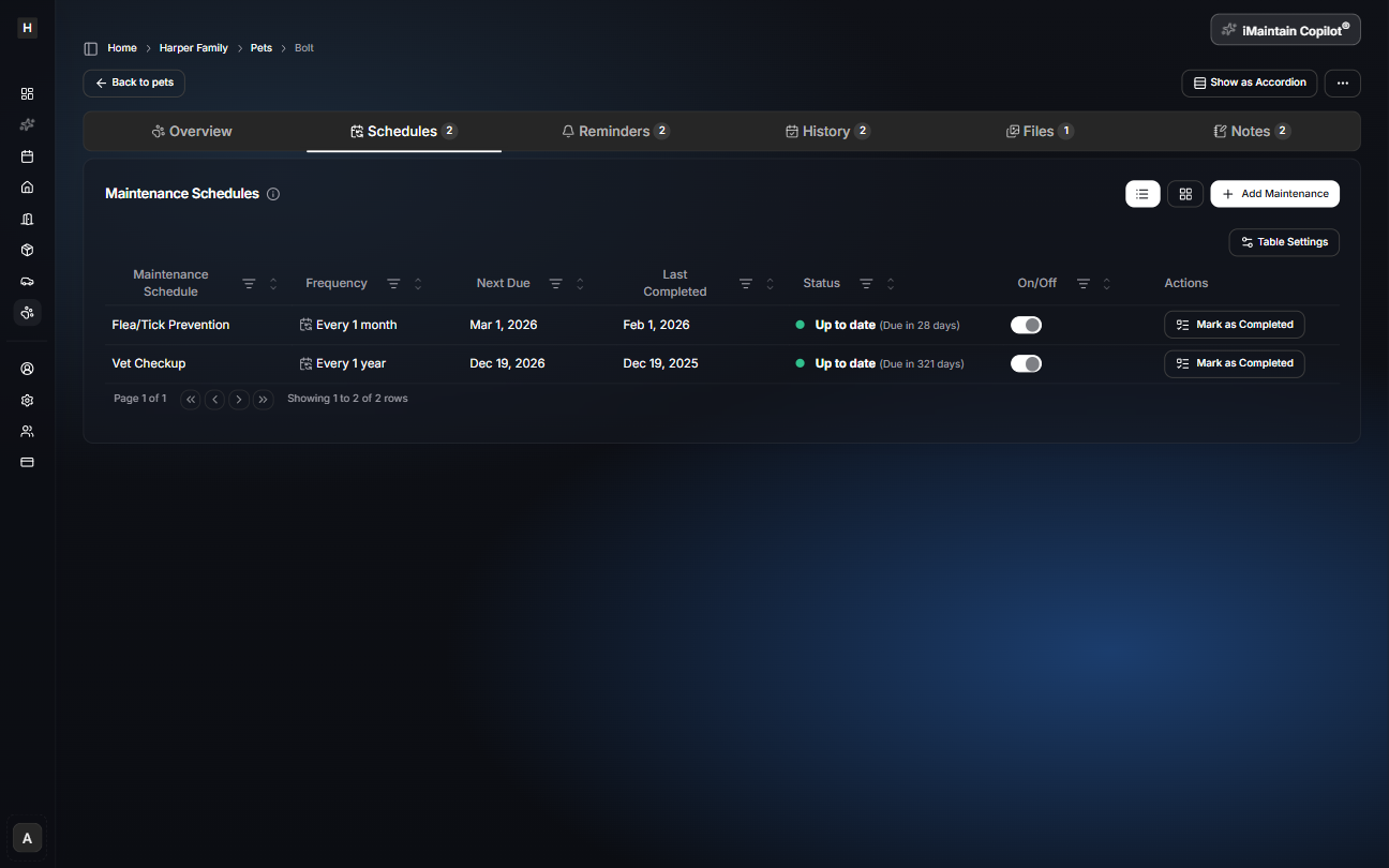 Pet details page on the Schedules tab showing maintenance schedules such as flea/tick prevention and vet checkup with next due dates and status
