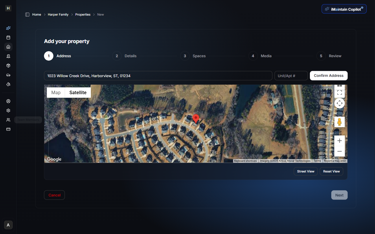Step 1: Address entry screen showing address input field with Google Maps preview displaying property location pin