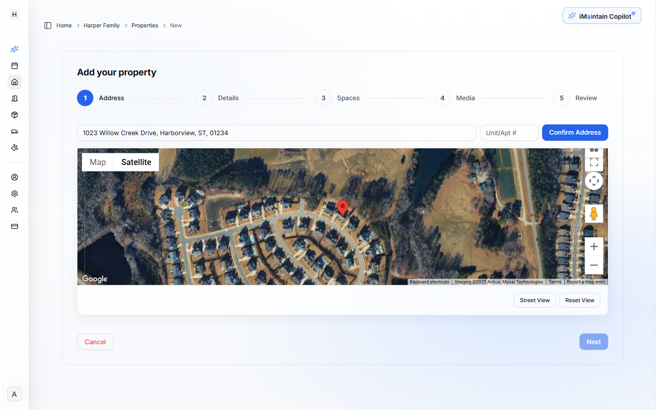 Step 1: Address entry screen showing address input field with Google Maps preview displaying property location pin