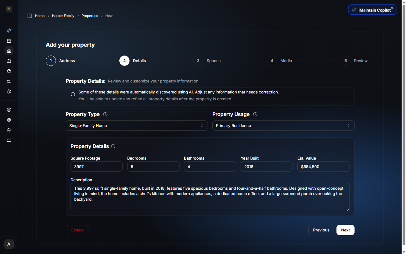 Step 2: Property details form showing property type, usage type, square footage, bedrooms, bathrooms, year built, estimated value, and description fields