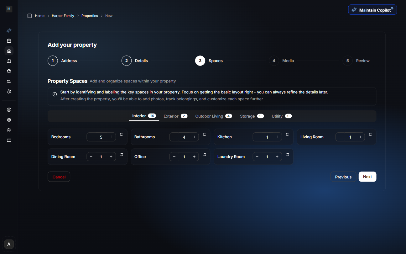 Step 3: Spaces configuration screen showing space categories including Interior, Exterior, Outdoor Living, Storage, and Utility with quantity controls