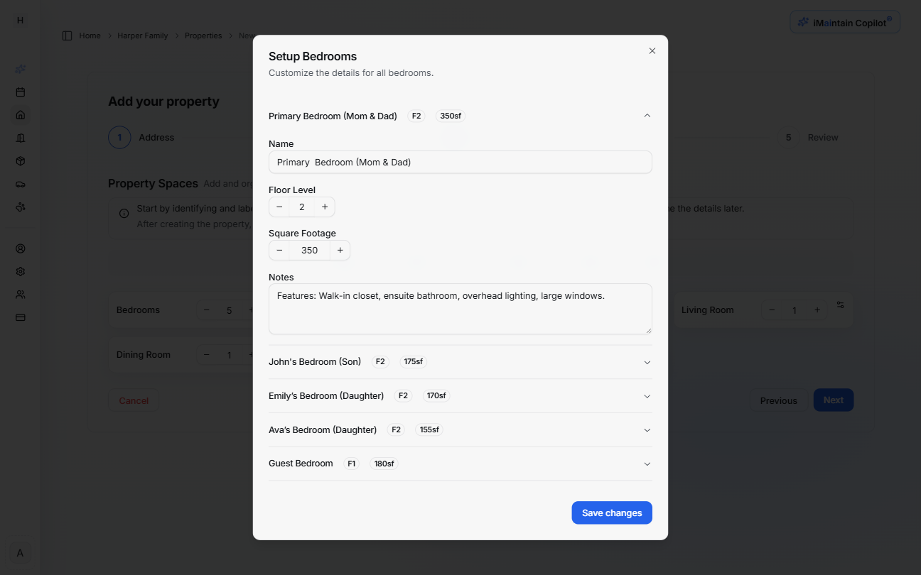 Step 3: Space customization modal showing options to name individual rooms, set floor level, square footage, and add notes
