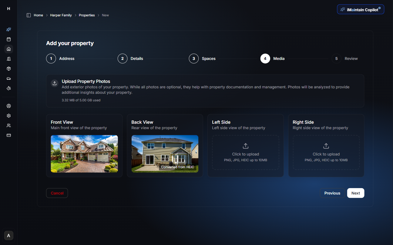 Step 4: Media upload screen showing property photo upload areas for front view, back view, left side, and right side with storage usage indicator
