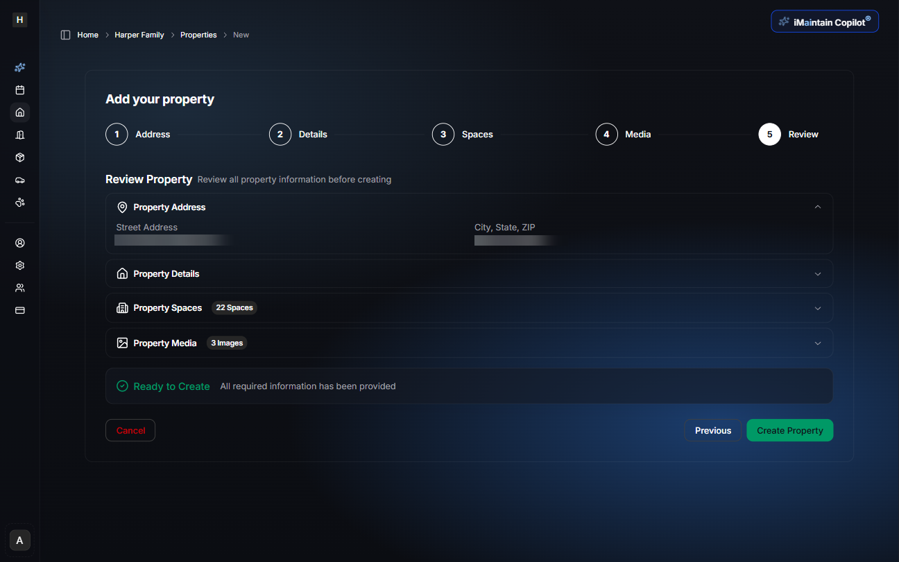 Step 5: Review screen showing summary of property address, details, spaces, and media with Ready to Create status indicator