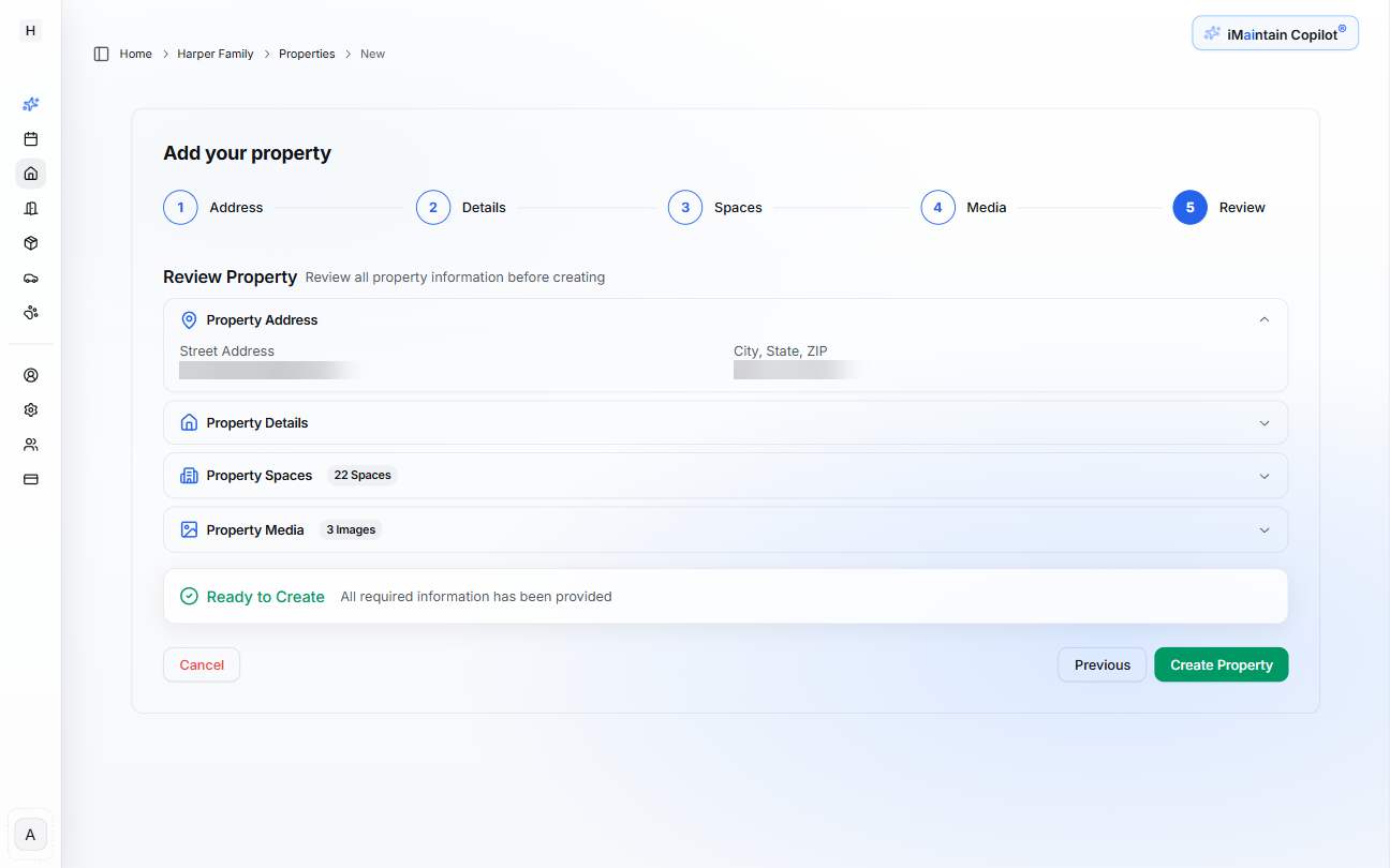 Step 5: Review screen showing summary of property address, details, spaces, and media with Ready to Create status indicator