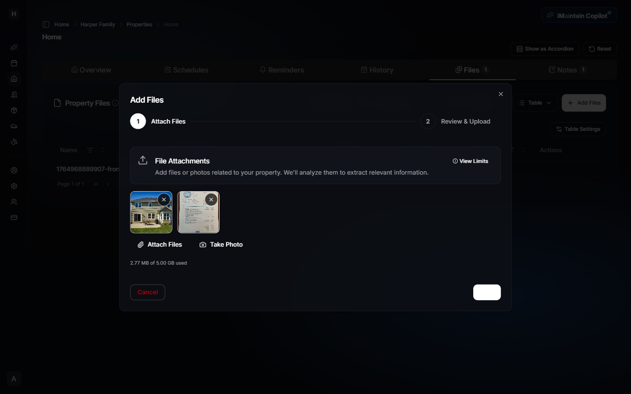 Add Files stepper showing the Attach Files step with options to upload from device or take photos
