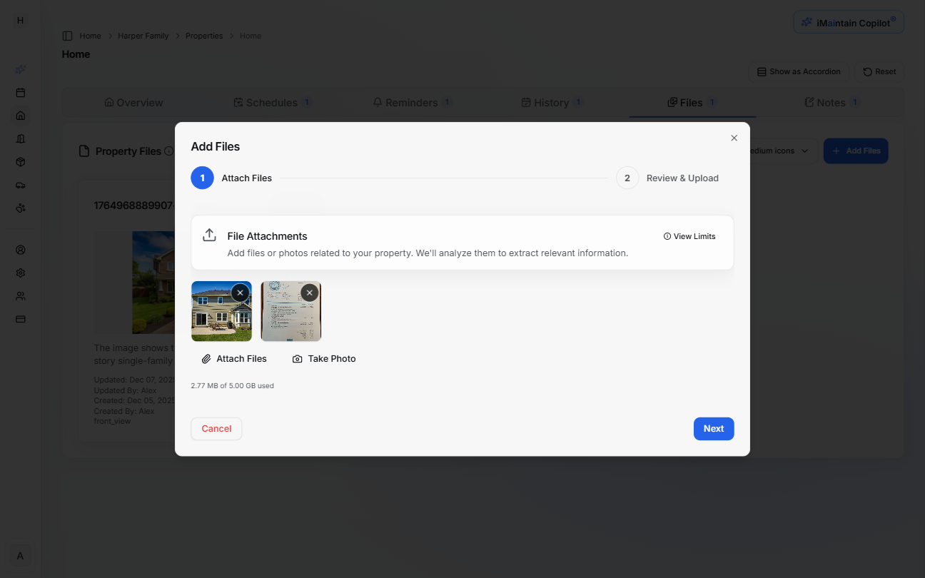 Add Files stepper showing the Attach Files step with options to upload from device or take photos