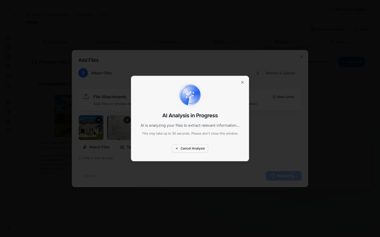 AI Analysis in progress window showing files being processed