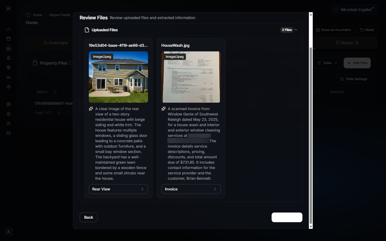 Add Files stepper Review & Upload step showing extracted descriptions for each file