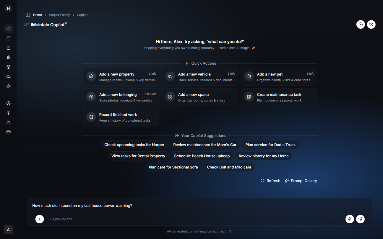 iMaintain Copilot interface showing a question about property files