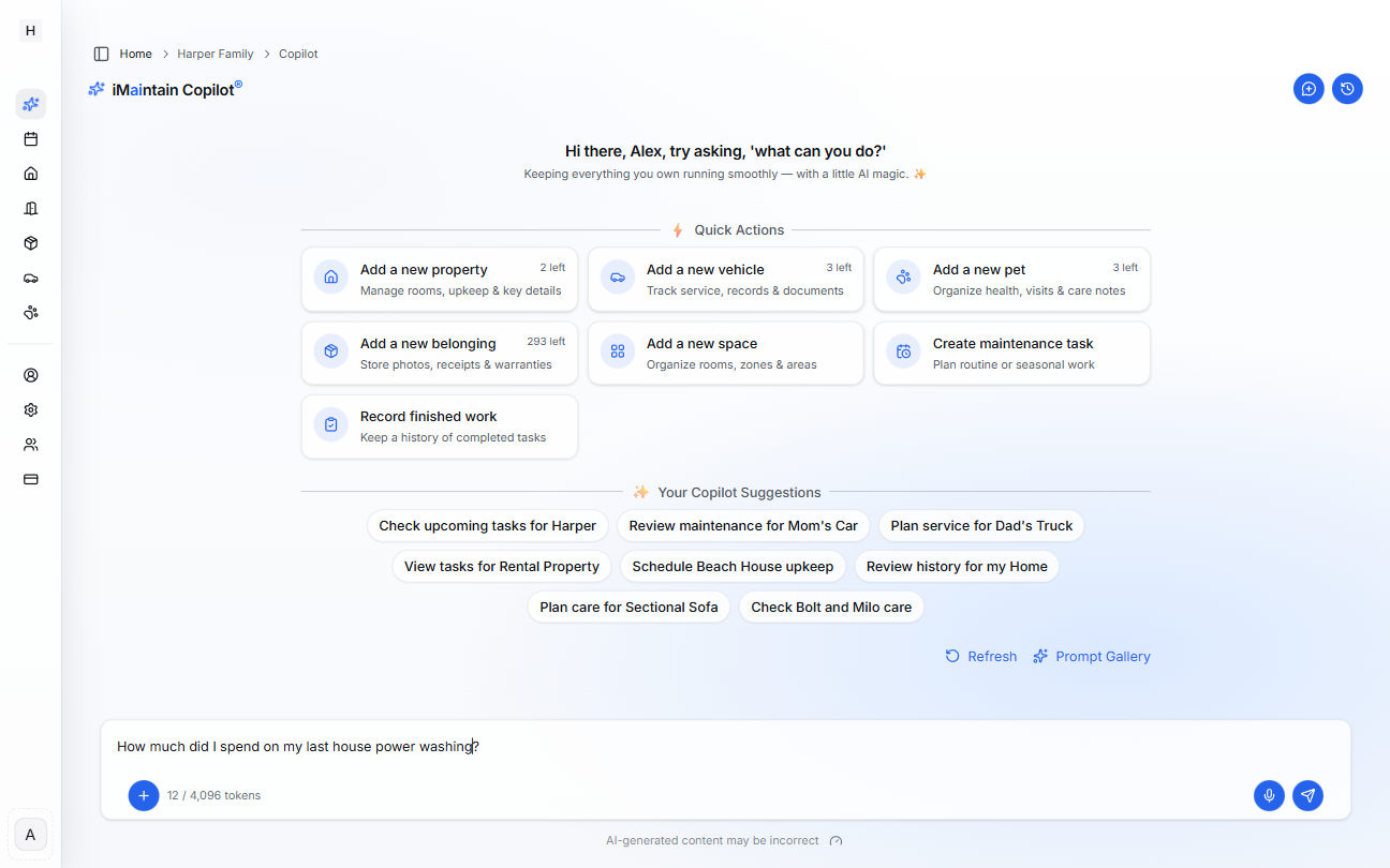 iMaintain Copilot interface showing a question about property files